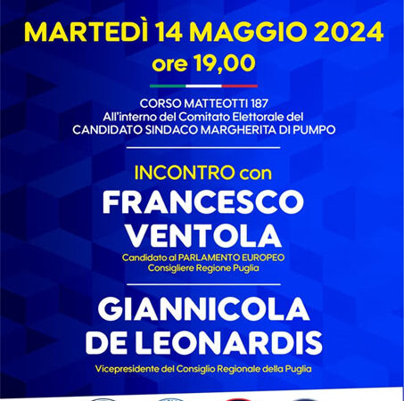 Elezioni Europee e Comunali di giugno 2024: Francesco Ventola e Giannicola De Leonardis di Fratelli d’Italia il 14 maggio 2024 a Torremaggiore alle ore 19 al Comitato Elettorale per Margherita Di Pumpo sindaco