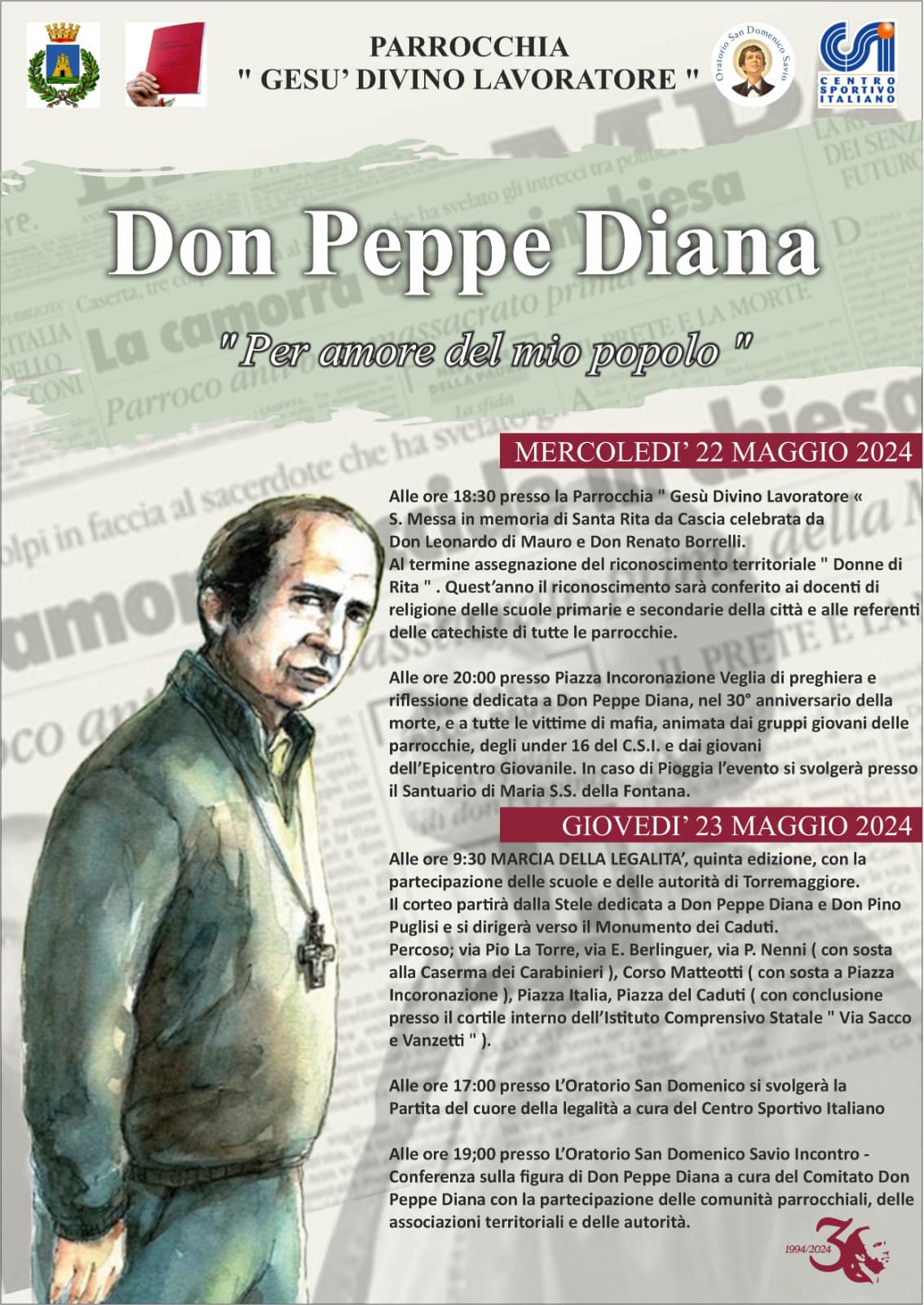 Torremaggiore: programma marcia della legalità 2024 e veglia di preghiera per Don Peppe Diana