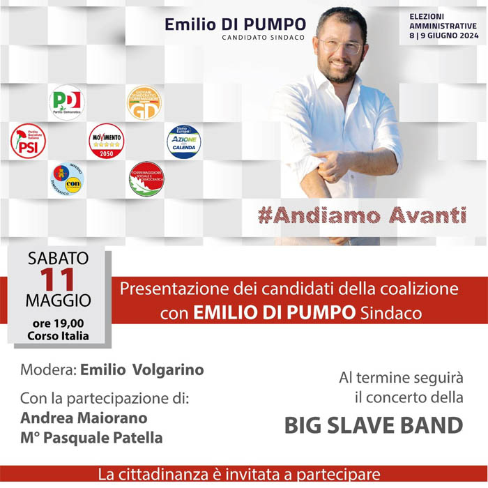 Centrosinistra Torremaggiore: presentazione dei candidati a supporto della coalizione Andiamo Avanti per Emilio Di Pumpo Sindaco sabato 11 maggio 2024 alle ore 19 su Corso Italia