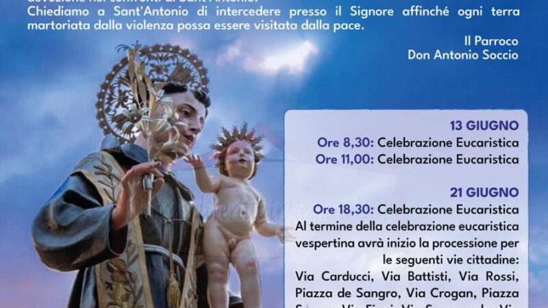 21 giugno 2024 Torremaggiore: programma processione Sant’Antonio di Padova dalla Chiesa di Santa Maria degli Angeli