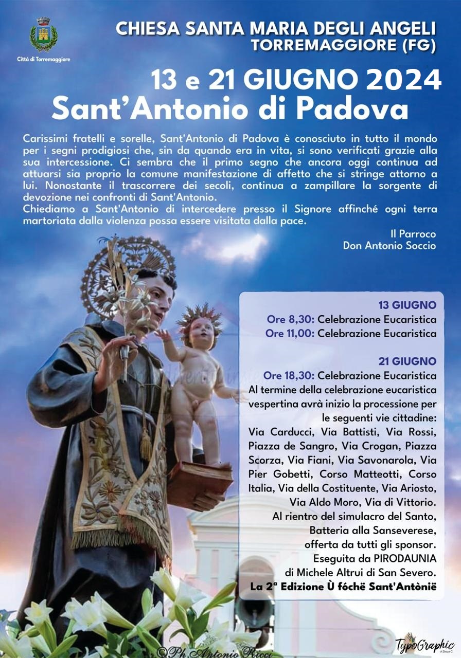 21 giugno 2024 Torremaggiore: programma processione Sant’Antonio di Padova dalla Chiesa di Santa Maria degli Angeli
