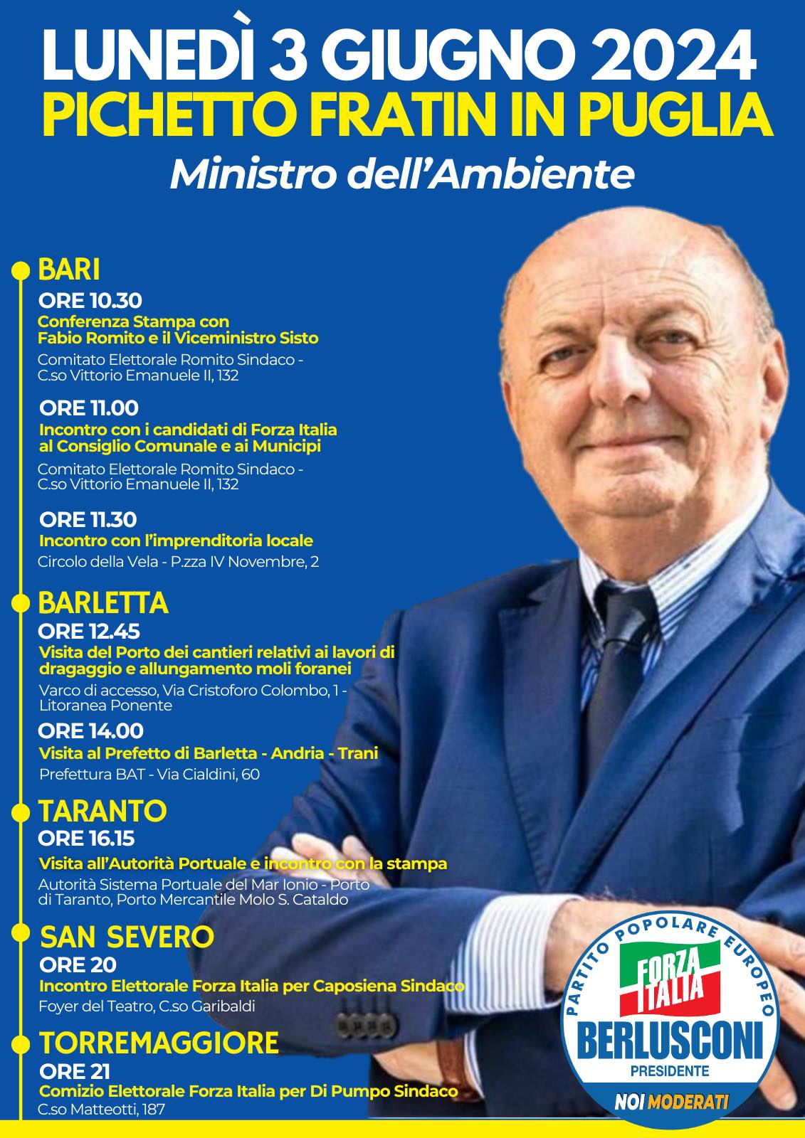 ELEZIONI EUROPEE E COMUNALI: IL MINISTRO DELL’AMBIENTE GILBERTO PICHETTO FRATIN SARA’ A TORREMAGGIORE IL 3 GIUGNO 2024 A SUPPORTO DELLA CANDIDATA SINDACO DEL CENTRODESTRA MARGHERITA DI PUMPO