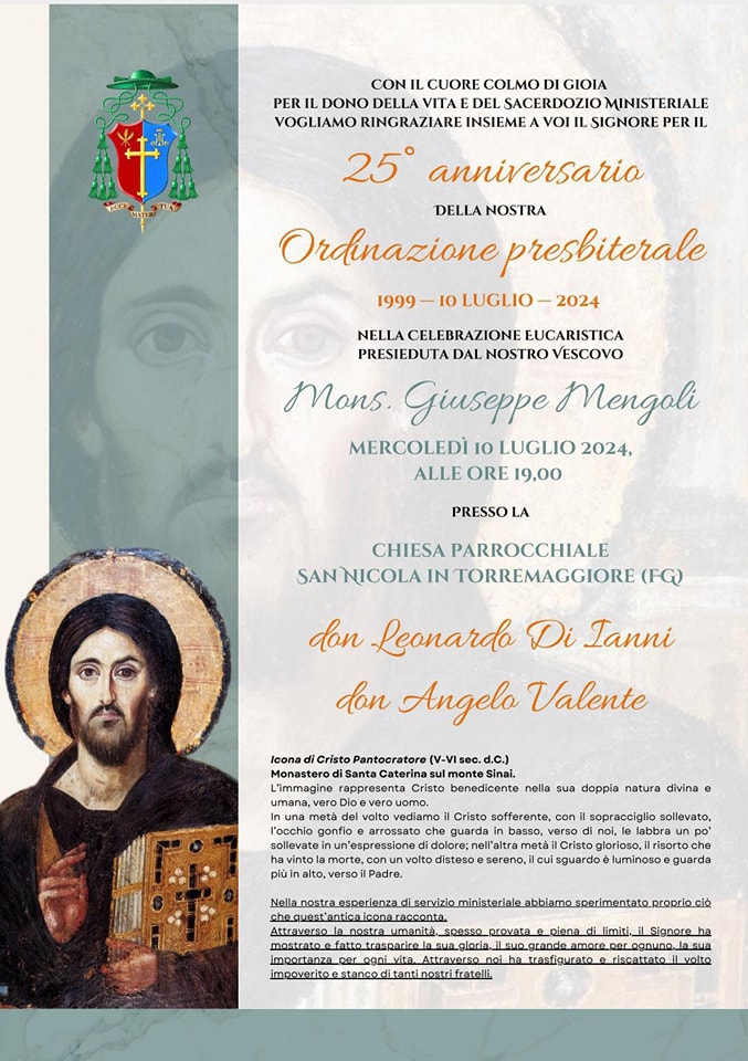 25° anniversario dell’ordinazione presbiterale di Don Angelo Valente e Don Leonardo Di Ianni. Celebrazione Eucaristica con Mons Mengoli il 10 luglio 2024 alle ore 19 presso la Chiesa di San Nicola