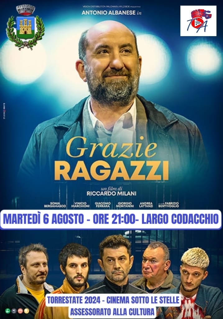 Torremaggiore 6 agosto 2024:  alle ore 21 proiezione del film Grazie Ragazzi presso Largo Codacchio