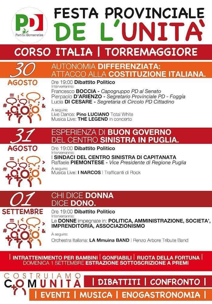 PD: DAL 30 AGOSTO AL 1 SETTEMBRE 2024 LA FESTA DE L’UNITÀ PROVINCIALE A TORREMAGGIORE
