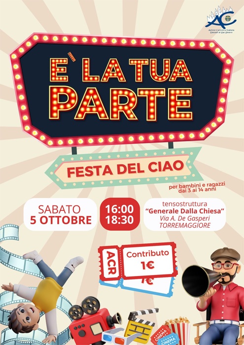 La Festa del Ciao dell’intera Diocesi di San Severo si svolgerà a Torremaggiore il 5 ottobre 2024 presso la tensostruttura Carlo Alberto Dalla Chiesa per bambini dai 3 ai 14 anni