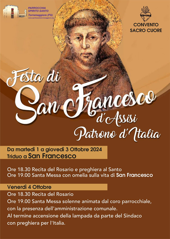 Torremaggiore: programma Festa San Francesco d’Assisi Patrono d’Italia dal 1 al 4 ottobre 2024 presso il Convento Sacro Cuore nel Quartiere San Matteo