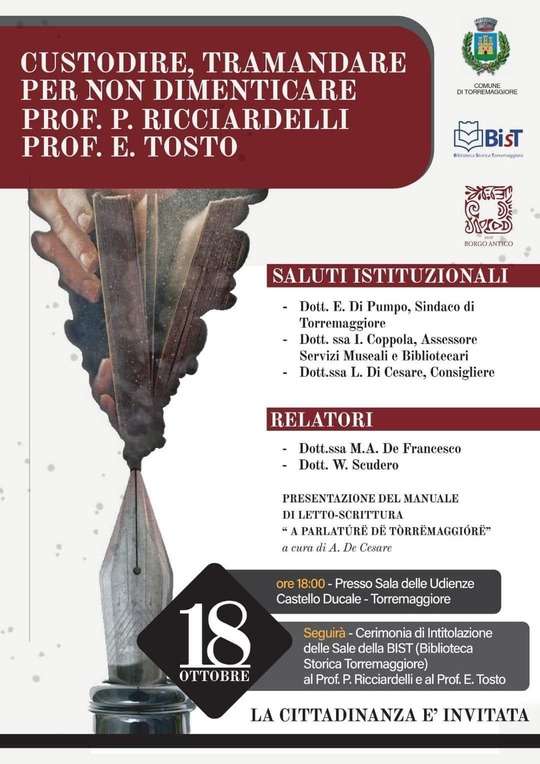 Evento culturale per ricordare i Prof Tosto e Ricciardelli a Torremaggiore il 18 ottobre 2024 al Castello Ducale De Sangro con l’Associazione Borgo Antico a partire dalle ore 18