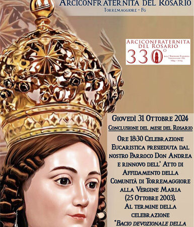 Il 31 ottobre 2024 nella Cappella Gentilizia di Sant’Anna dopo la Santa Messa delle 18.30 ci sarà la preghiera di affidamento e il bacio devozionale alla mano della Madonna del Rosario