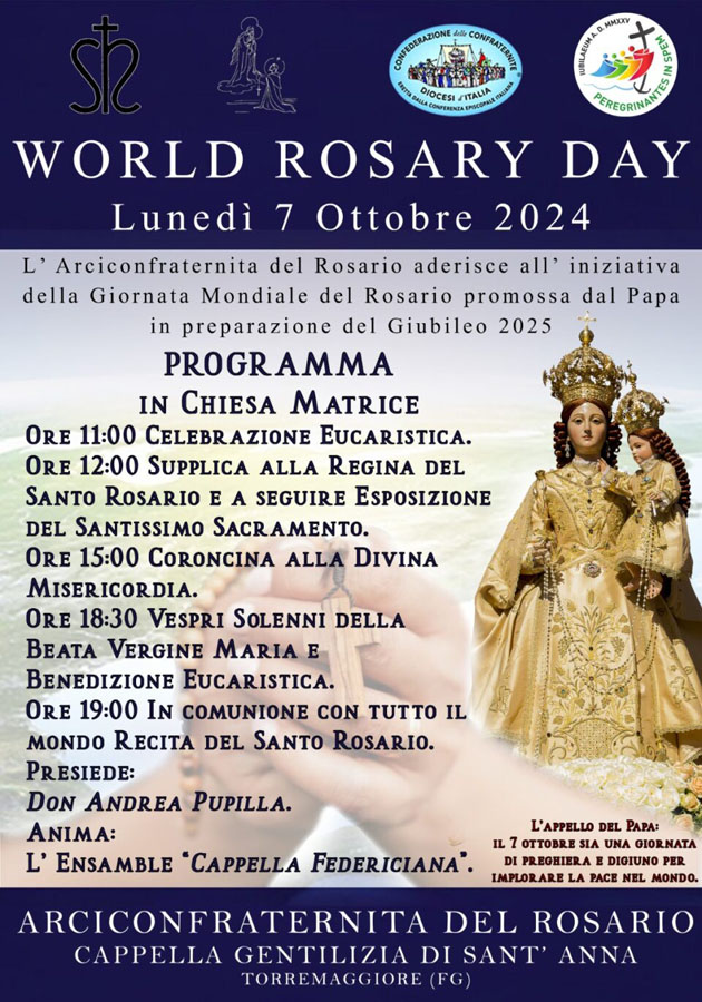 Torremaggiore: programma ufficiale del World Rosary lunedì 7 ottobre 2024 presso la Chiesa Matrice di San Nicola