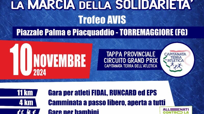 10 novembre 2024 Torremaggiore: programma ufficiale della 16^ edizione della Marcia della Solidarietà Trofeo AVIS con ritrovo alle ore 8