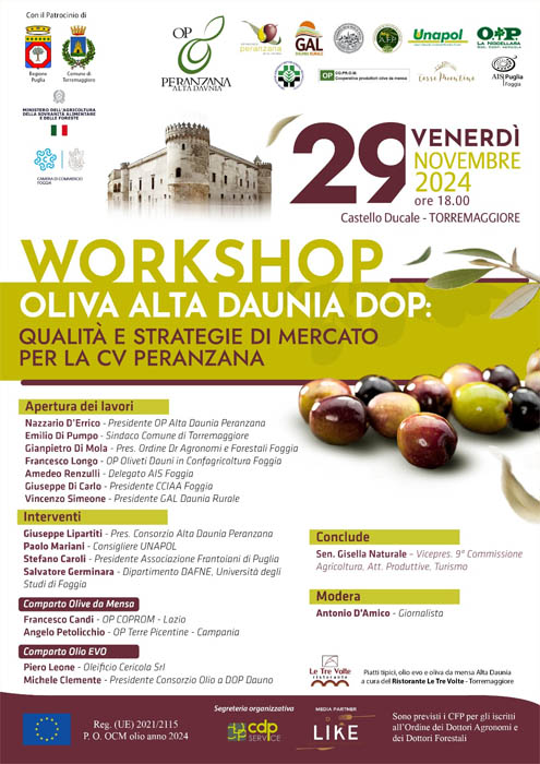 Workshop Oliva Alta Daunia DOP qualità e strategie di mercato per la Peranzana: se ne parla il 29 novembre 2024 al Castello Ducale De Sangro di Torremaggiore a partire dalle ore 18