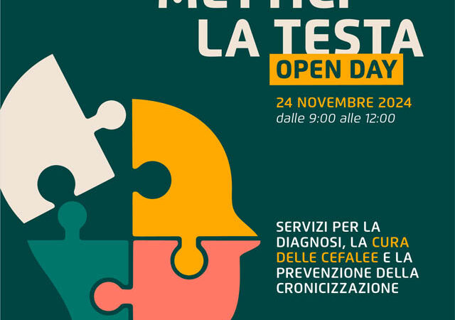 Open Day sulla Cefalea cronica domenica 24 novembre 2024 al PTA Nicola Bellantuono di Torremaggiore dalle 9 alle 12 organizzato dalla Regione Puglia