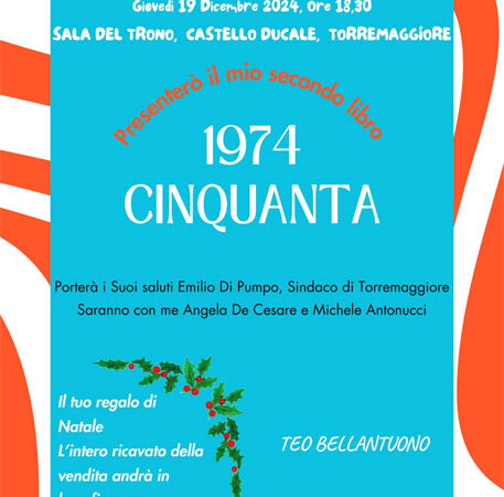 Il 19 dicembre 2024 a partire dalle ore 18.30 al Castello Ducale De Sangro di Torremaggiore ci sarà la presentazione dell’ultimo libro dell’Avvocato Matteo Bellantuono: 1974 Cinquanta
