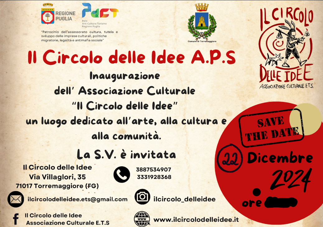 Nasce a Torremaggiore Il Circolo delle Idee: un luogo dove cultura e comunità si incontrano, inaugurazione il 22 dicembre 2024 alle ore 19 presso la sede di Via Villaglori 35