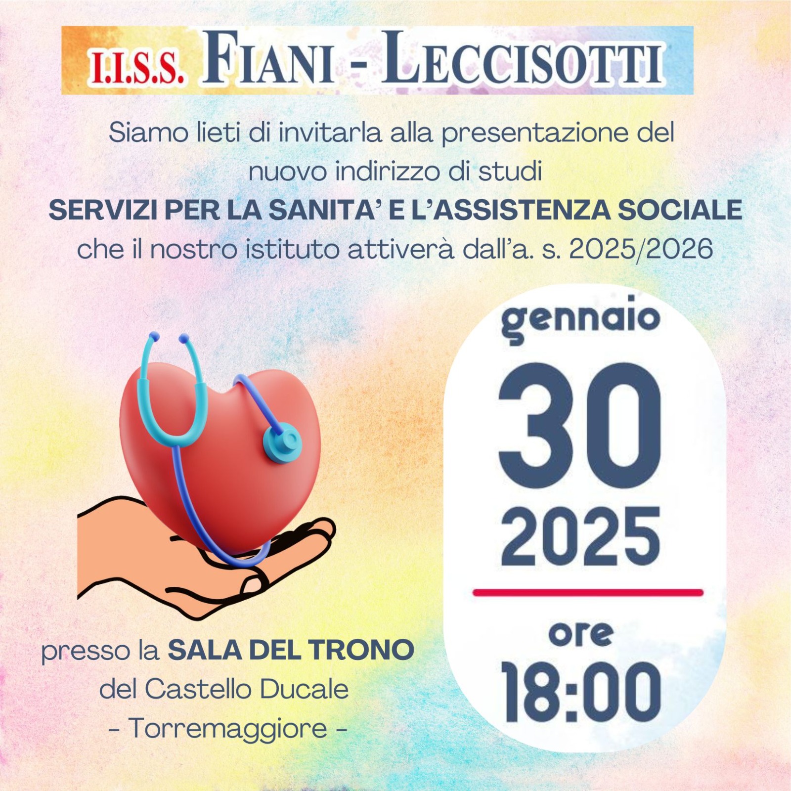 30 gennaio 2025: presentazione del nuovo Indirizzo Professionale Servizi per la Sanità e l’Assistenza Sociale dell’ IISS Fiani Leccisotti alle ore 18 presso il Castello Ducale De Sangro di Torremaggiore