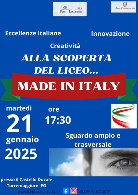 Alla scoperta del Liceo Made in Italy: appuntamento il 21 gennaio 2025 alle ore 17.30 al Castello Ducale De Sangro a cura dell’IISS Fiani Leccisotti di Torremaggiore