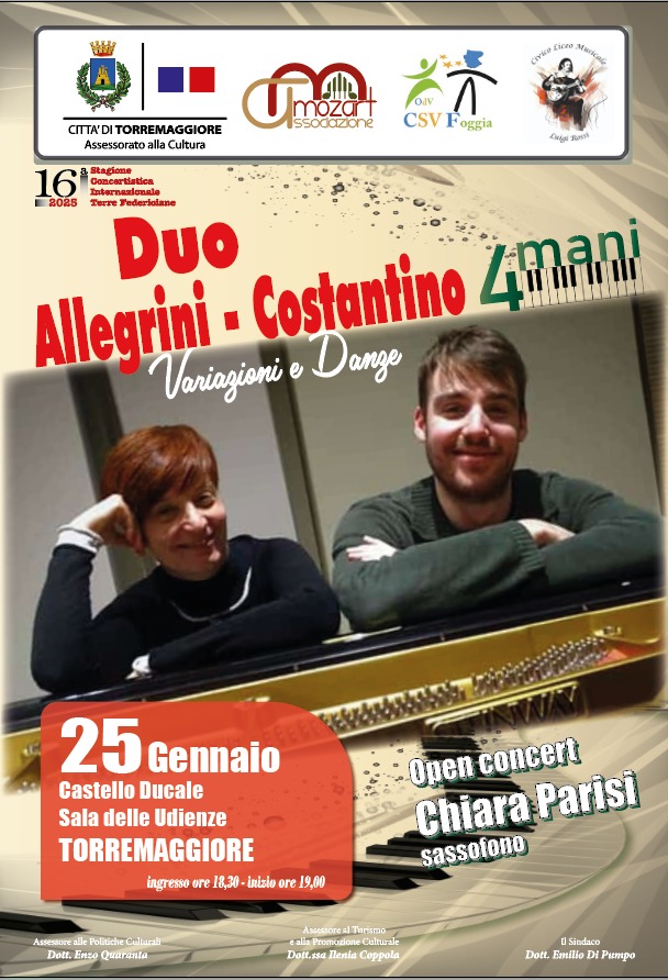 Concerto Musicale del Duo Allegrini Costantino il 25 gennaio 2025 al Castello Ducale De Sangro di Torremaggiore a partire dalle ore 19
