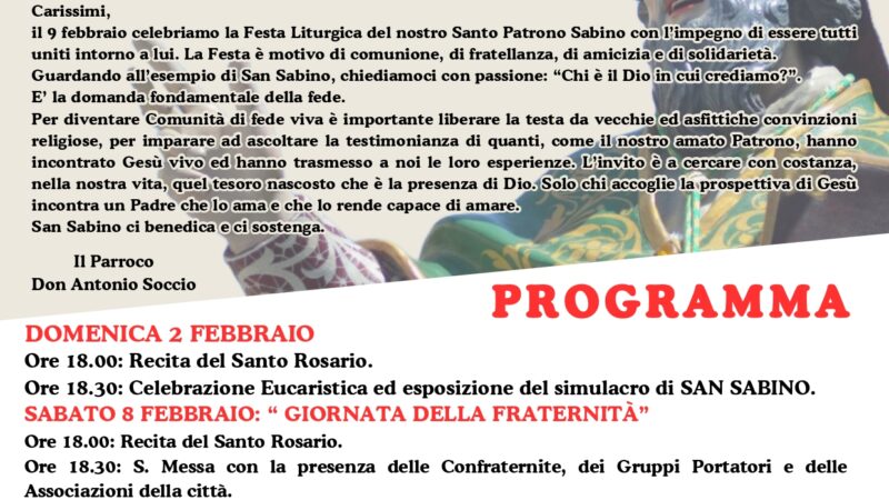 Programma Festa Liturgica di San Sabino dal 2 al 10 febbraio 2025