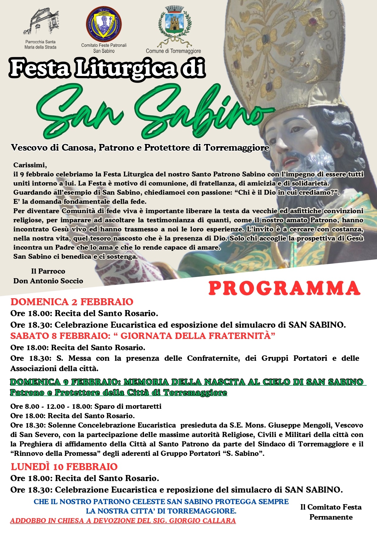 Programma Festa Liturgica di San Sabino dal 2 al 10 febbraio 2025
