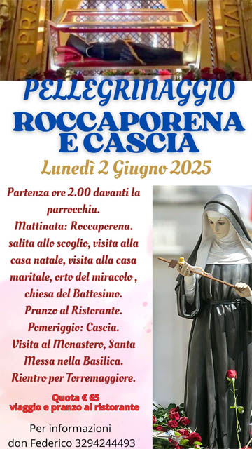 Parrocchia Spirito Santo Torremaggiore: pellegrinaggio a Roccaporena e Cascia il 2 giugno 2025, al via con le adesioni