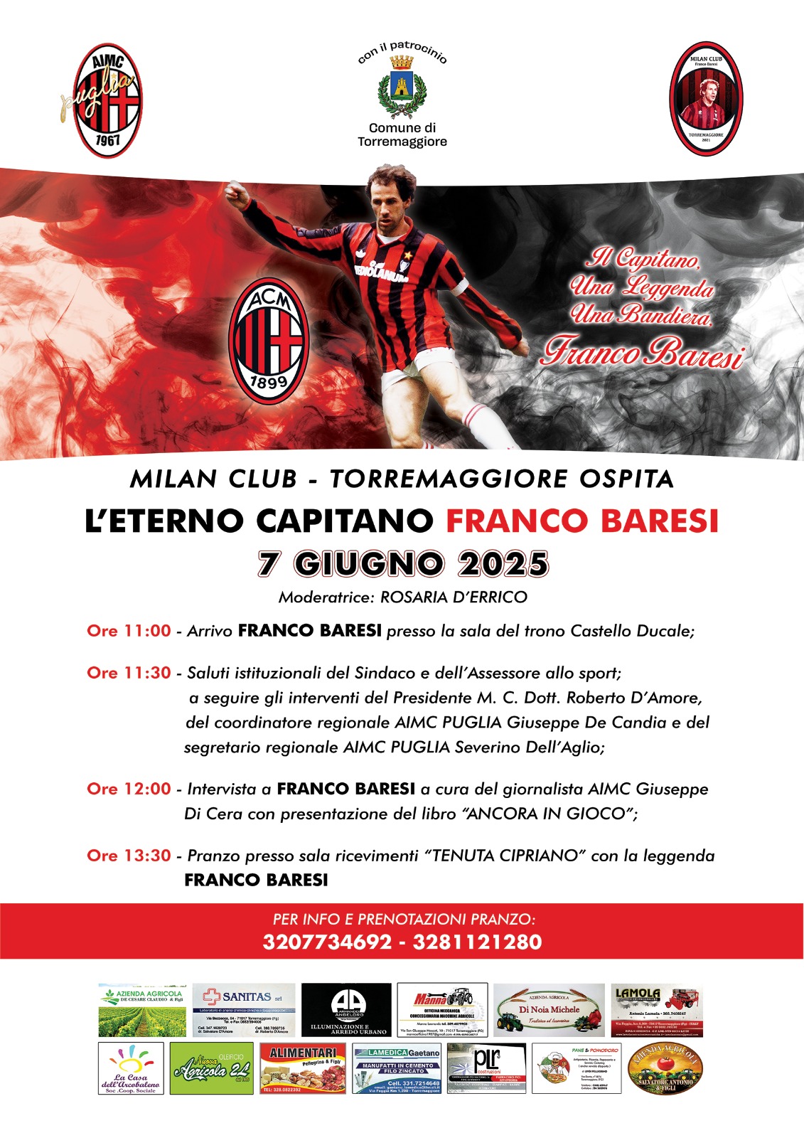 Programma ufficiale della visita dell’eterno Capitano Franco Baresi il 7 giugno 2025 a Torremaggiore organizzato dal locale Milan Club