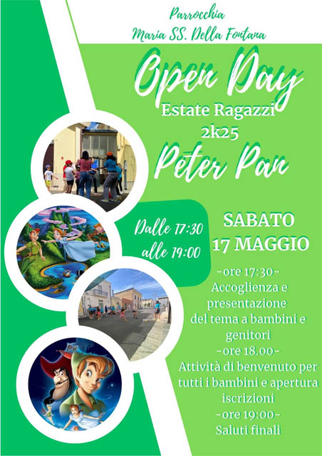 Parrocchia Santuario Madonna della Fontana Torremaggiore: open day Estate Ragazzi 2025 Peter Pan il 17 maggio dalle 17.30 alle 19