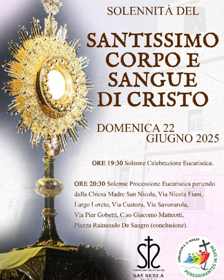 Torremaggiore: programma solennità del Corpus Domini domenica 22 giugno 2025 con avvio processione alle ore 20.30 dalla Parrocchia San Nicola
