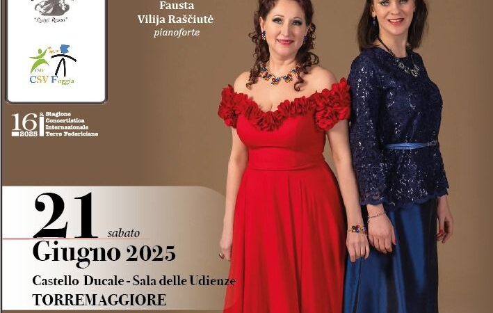 Duo Lituania : evento musicale organizzato dall’Associazione Mozart presso il Castello Ducale De Sangro di Torremaggiore sabato 21 giugno 2025 a partire dalle ore 19.30