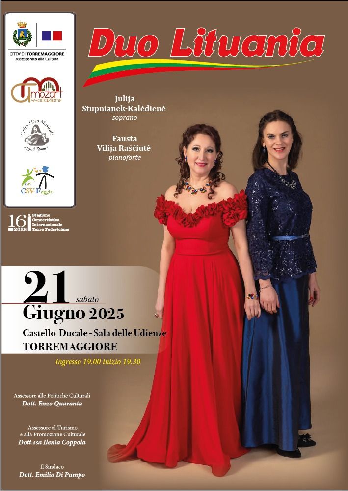 Duo Lituania : evento musicale organizzato dall’Associazione Mozart presso il Castello Ducale De Sangro di Torremaggiore sabato 21 giugno 2025 a partire dalle ore 19.30