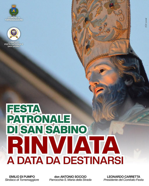 Torremaggiore: festa Patronale 2025 di San Sabino rinviata a data da destinarsi