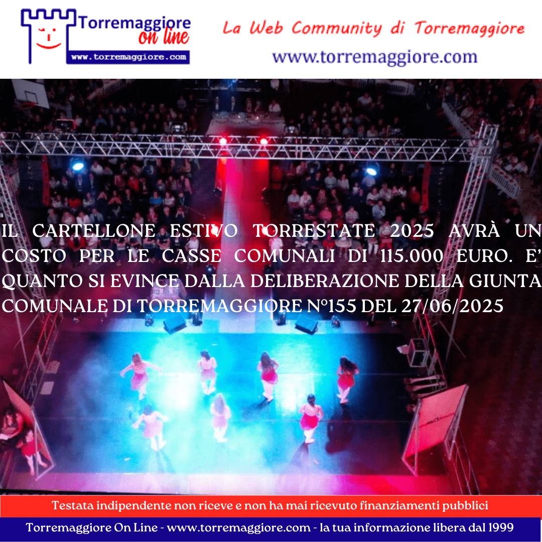 TORRESTATE 2025: APPROVATO IN GIUNTA IL PROGRAMMA GENERALE DEL BIMESTRE LUGLIO ED AGOSTO CON UN COSTO GENERALE DI 115.000 EURO