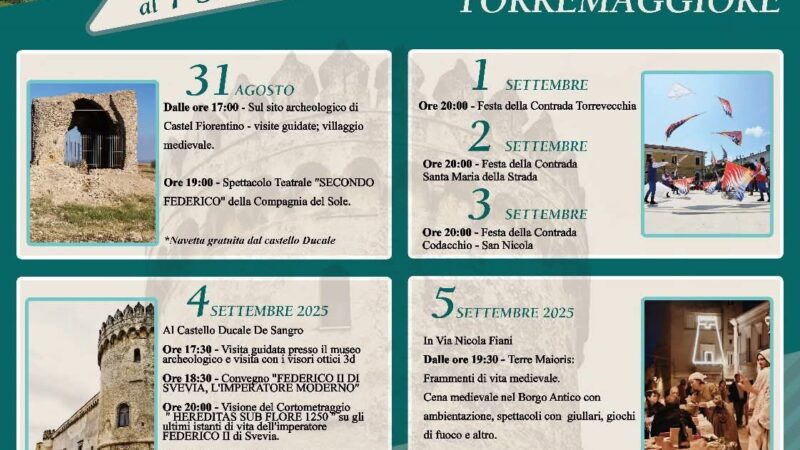Suggestioni Sub Flore 2025 a Torremaggiore: dal 31 agosto al 7 settembre rievocazioni medievali di Castel Fiorentino di Puglia e Federico II di Svevia