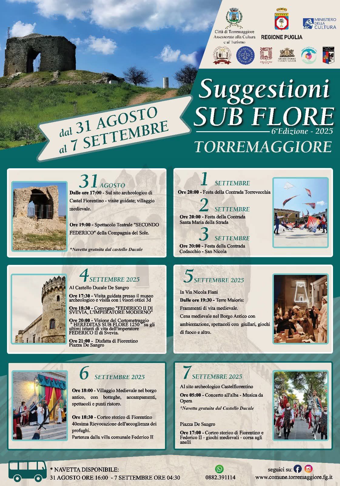 Suggestioni Sub Flore 2025 a Torremaggiore: dal 31 agosto al 7 settembre rievocazioni medievali di Castel Fiorentino di Puglia e Federico II di Svevia