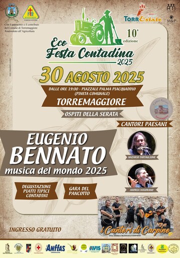 30 agosto 2025: programma Eco Festa Contadina Torremaggiore con la partecipazione di Eugenio Bennato