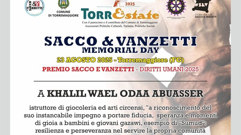 Khalil Wael Odaa Abuasser riceverà il 23 agosto 2025 a Torremaggiore il Premio Sacco & Vanzetti Diritti Umani 2025