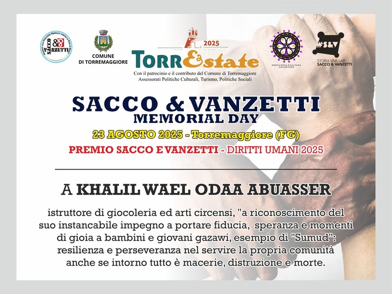 Khalil Wael Odaa Abuasser riceverà il 23 agosto 2025 a Torremaggiore il Premio Sacco & Vanzetti Diritti Umani 2025
