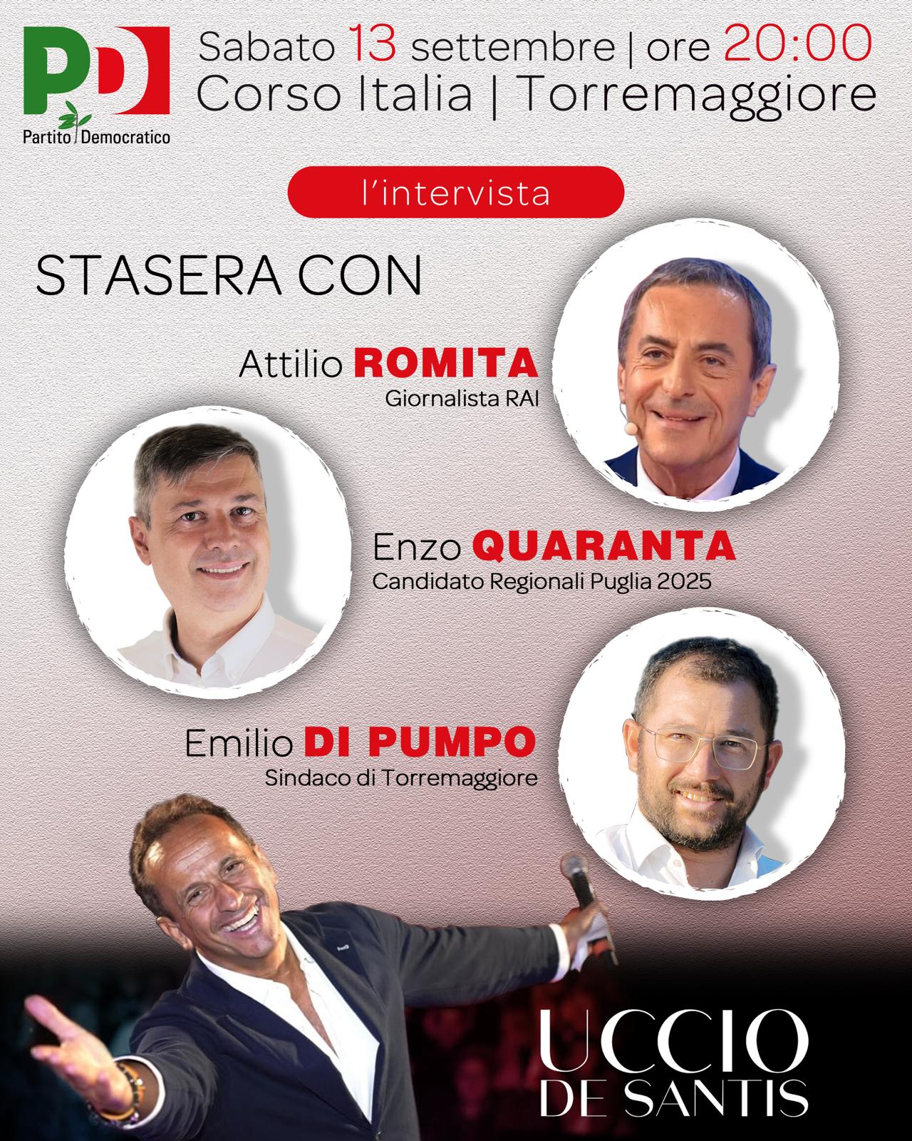 A Torremaggiore il 13 settembre Enzo Quaranta presenta ufficialmente la sua candidatura alle Regionali Puglia 2025 con Antonio Decaro Presidente