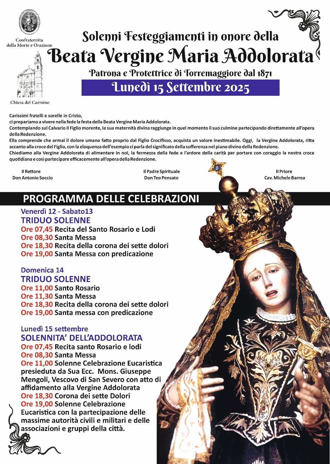 Programma celebrazioni in onore della Beata Vergine Maria Addolorata Patrona della Città di Torremaggiore dal 12 al 15 settembre 2025