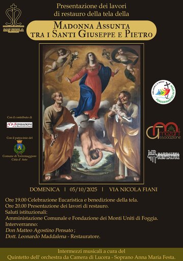 Torremaggiore: presentazione dei lavori di restauro della tela della Madonna Assunta tra i Santi Giuseppe e Pietro domenica 5 ottobre 2025 presso la Chiesa Matrice di San Nicola a partire dalle ore 20