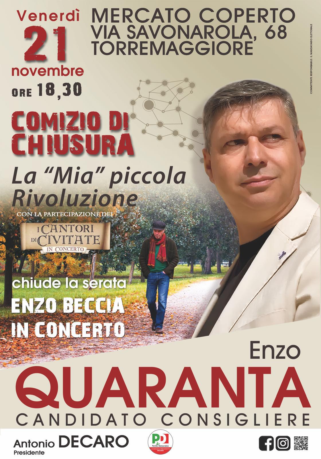 Regionali Puglia 2025: comizio di chiusura del candidato dem al consiglio regionale Enzo Quaranta il 21 novembre alle 18.30 presso il Mercato Coperto di Via Savonarola a Torremaggiore