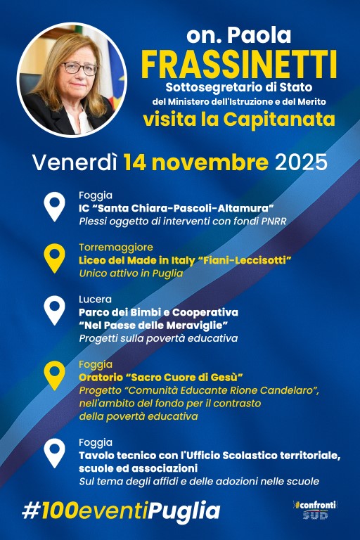 Venerdì 14 novembre 2025 il sottosegretario al Ministero dell’Istruzione e del Merito on Paola Frassinetti sarà a Torremaggiore a visitare il Liceo del Made in Italy Fiani Leccisotti. Unico istituto con questo indirizzo attivo in Puglia