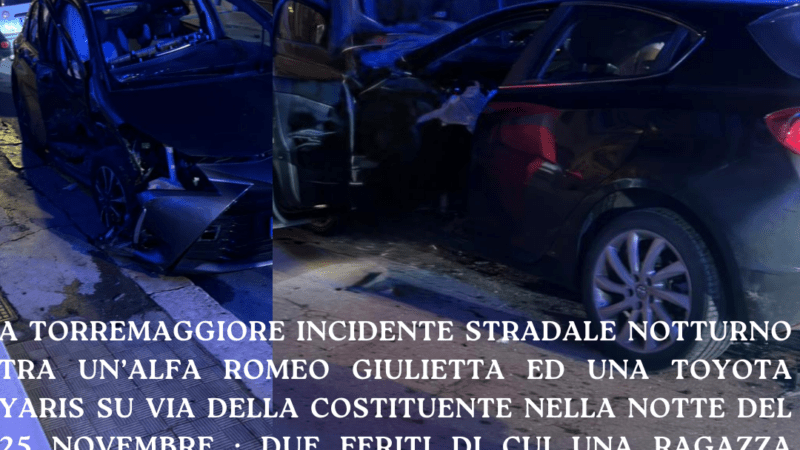 Incidente stradale a Torremaggiore nella notte del 25 novembre tra un’Alfa Romeo Giulietta ed una Toyota Yaris: due feriti di cui una ragazza trasportata in codice rosso al Policlinico Riuniti di Foggia