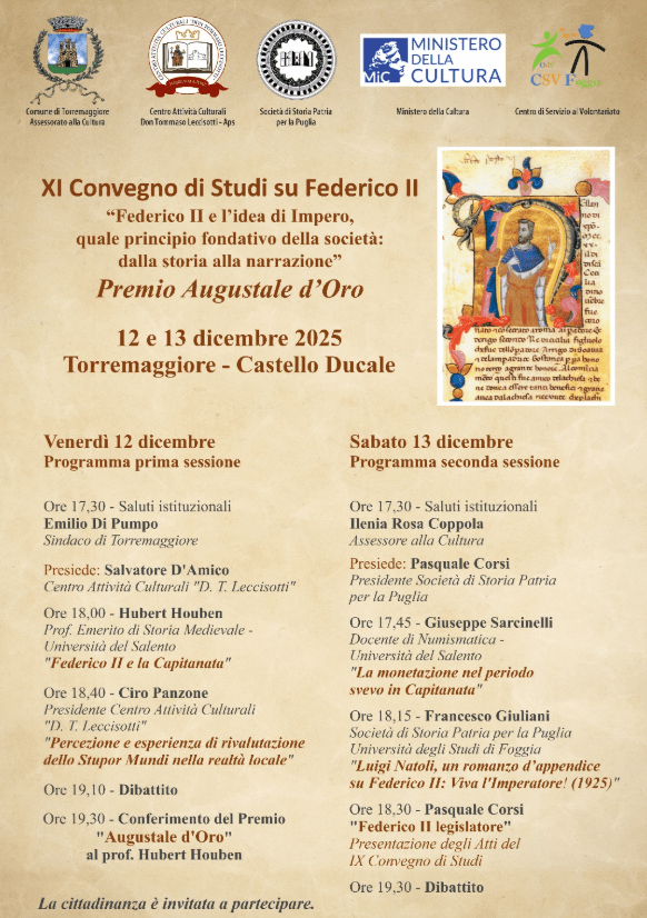 XI edizione del Convegno di Studi su Federico II di Svevia. Appuntamento al 12 e 13 dicembre 2025 al Castello Ducale De Sangro di Torremaggiore