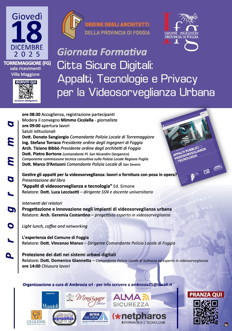 Torremaggiore: il 18 dicembre 2025 una giornata formativa su città sicure digitali, appalti e privacy presso la Sala Ricevimenti Villa Maggiore