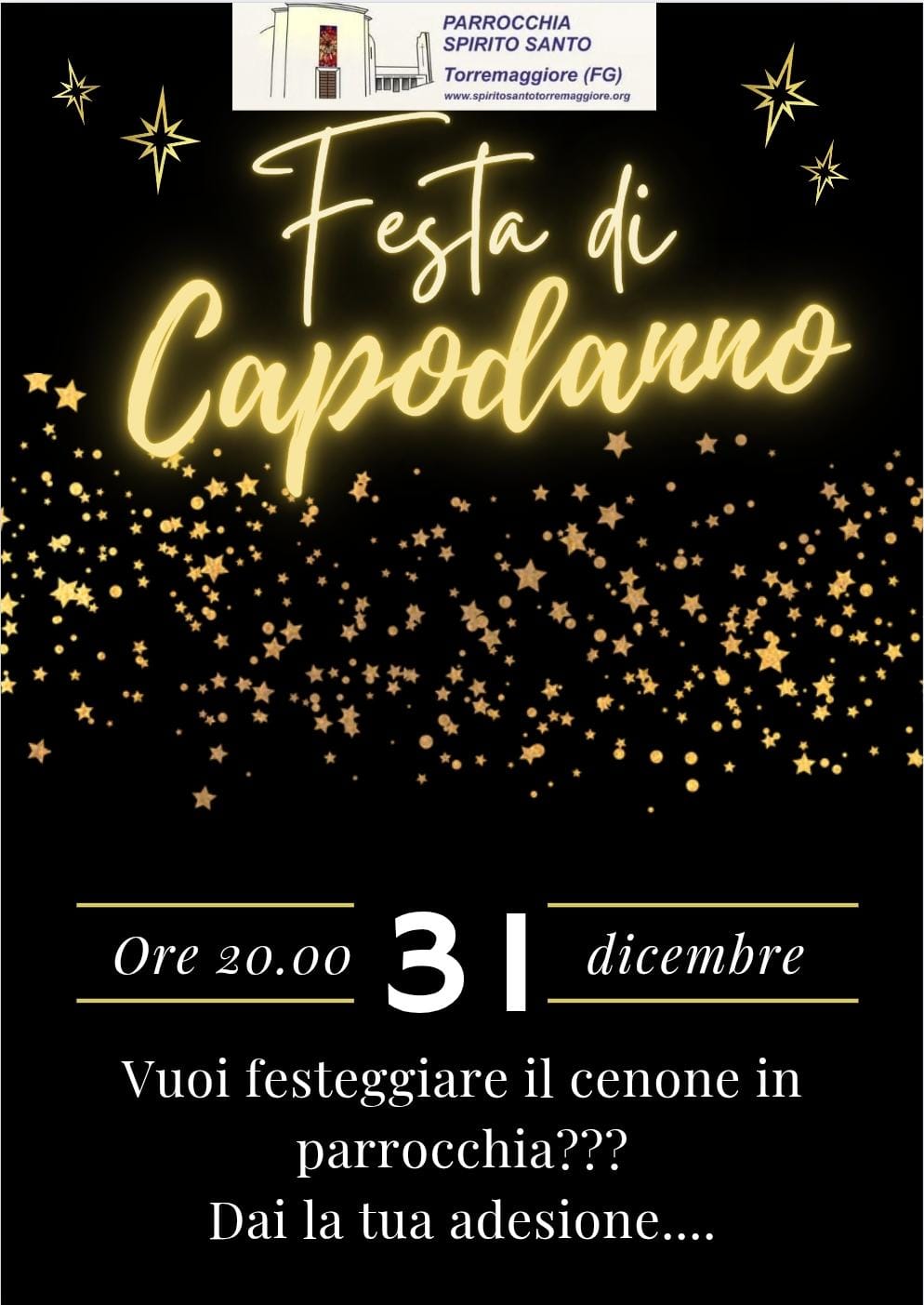 31 dicembre 2025: festa comunitaria di Capodanno presso la Parrocchia dello Spirito Santo di Torremaggiore a partire dalle ore 20