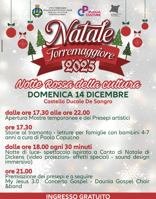 Notte Rossa della Cultura a Torremaggiore domenica 14 dicembre 2025 al Castello Ducale De Sangro