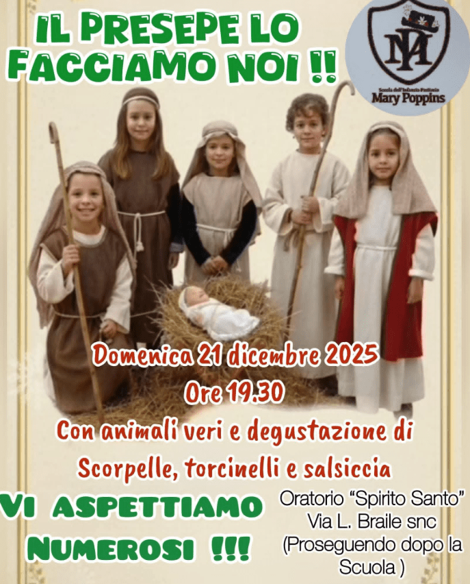 Domenica 21 dicembre 2025 dalle 19.30 Presepe Vivente presso l’Oratorio della Parrocchia Spirito Santo di Torremaggiore su Via Braille