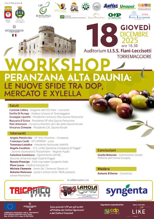 Peranzana Alta Daunia: le nuove sfide tra DOP, mercato e Xylella, se ne parla il 18 dicembre 2025 alle 16.30 presso l’Auditorium dell’IISS Fiani Leccisotti di Via Aspromonte a Torremaggiore