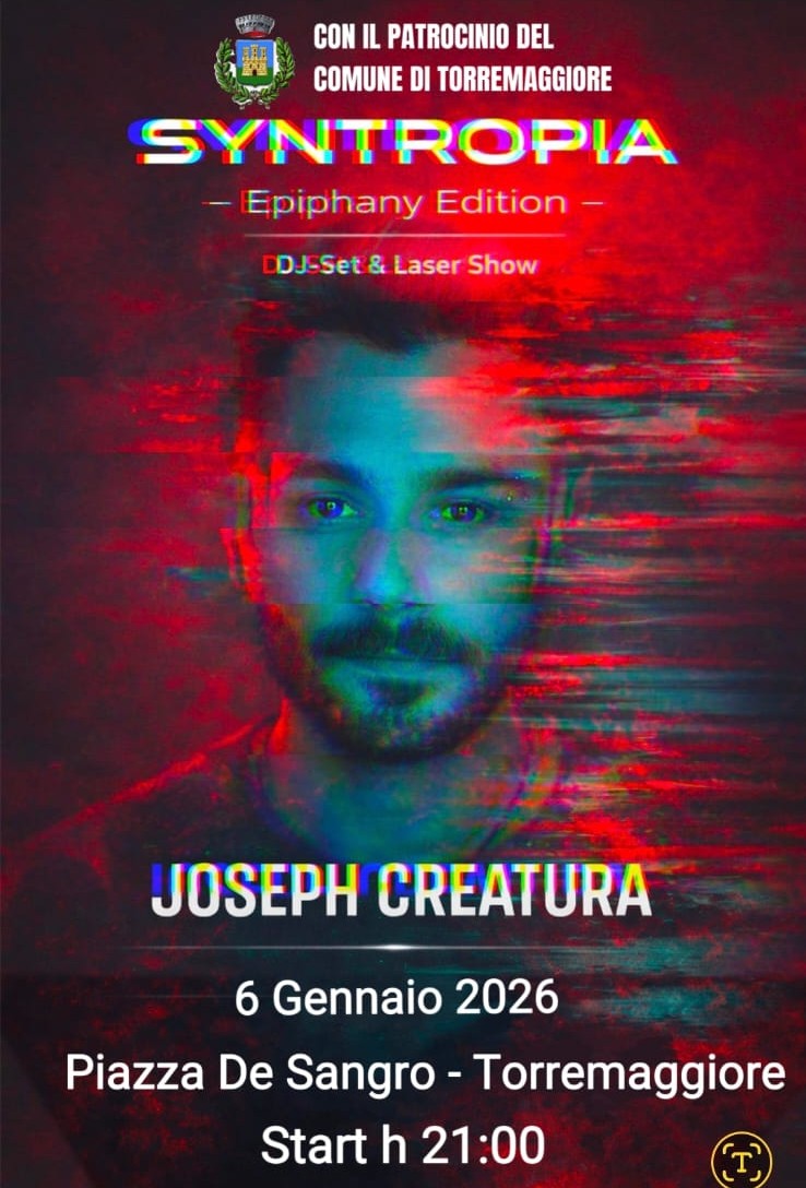 Syntropia: Torremaggiore accende il 6 gennaio 2026 con il Dj Set & Laser Show alle ore 21 in Piazza Raimondo De Sangro